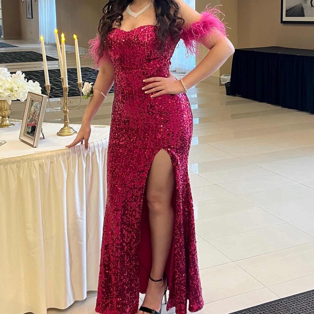 worn once: sequin feather off shoulder maxi dress